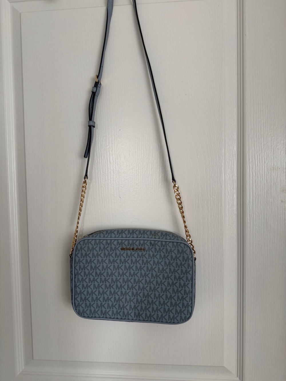 Michael Kors Light Blue MK Monogram Crossbody with Gold Chain